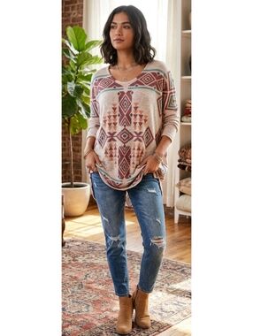 Woman's Aztec Inspired Drop Shoulder Lightweight Tunic Sweater